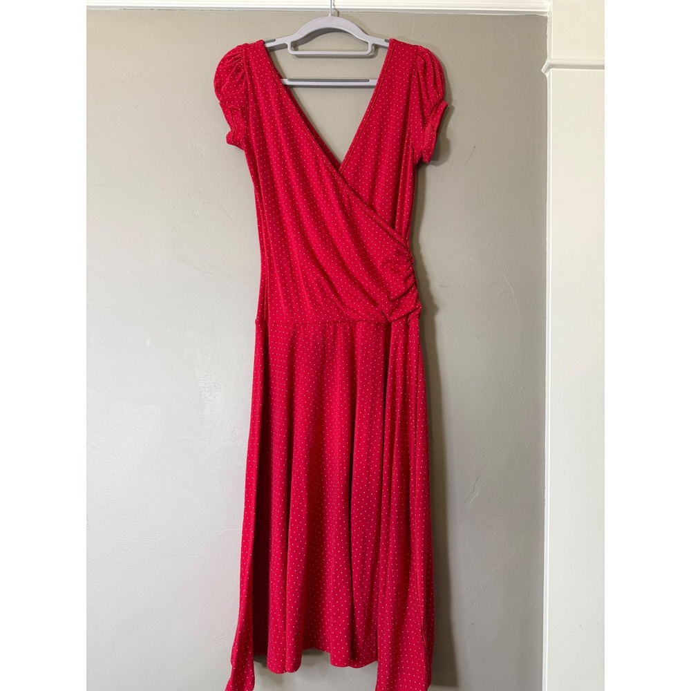 Rosebud Red Polka Dot Faux Wrap Midi Dress Short Puff Sleeve V-Neck Large